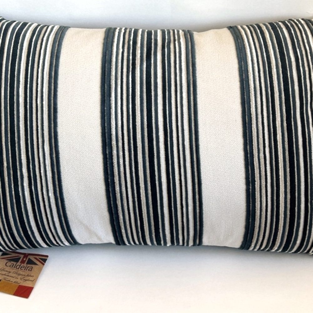 Caldeira Navy Blue White Velvet Striped Feathered Lumbar Home Decorative Pillow - Picture 5 of 10